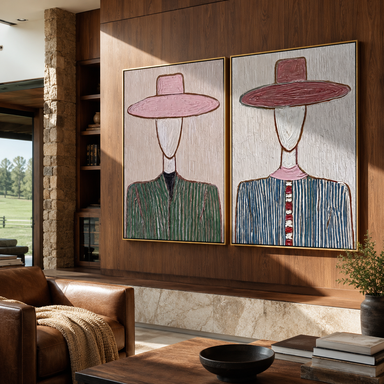 Blush Brims Divide Shadow - blush hat Western portrait by Elliot Vale, modern figurative set of 2 wall art - styled room scene view 2