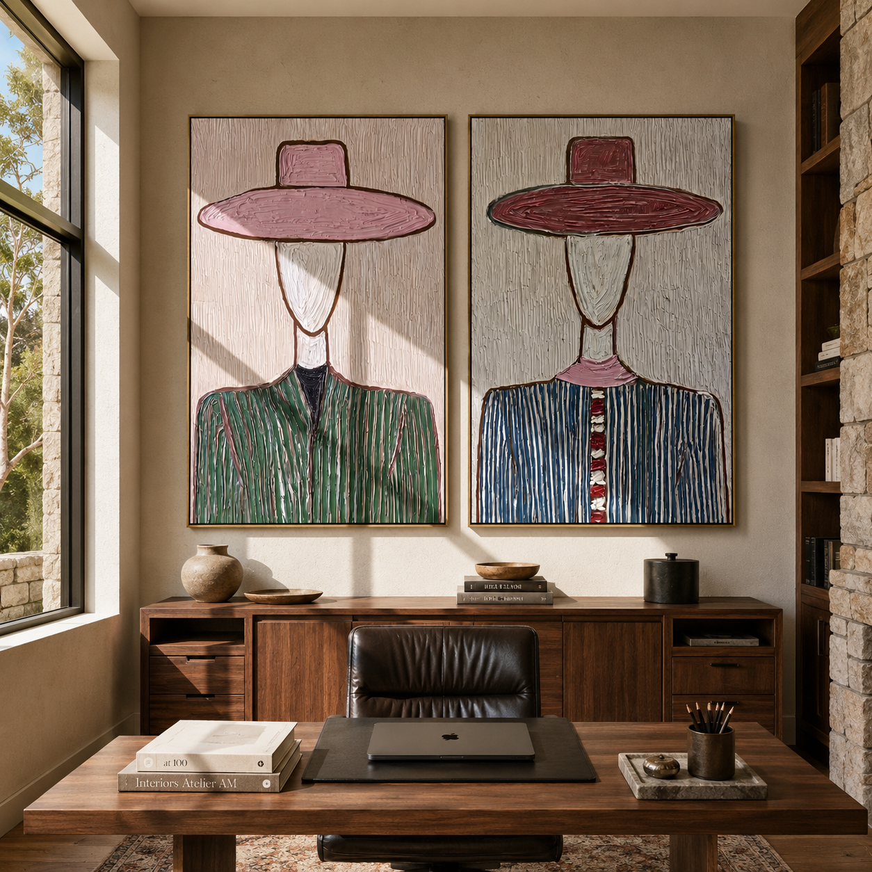 Blush Brims Divide Shadow - blush hat Western portrait by Elliot Vale, modern figurative set of 2 wall art - styled room scene view 3