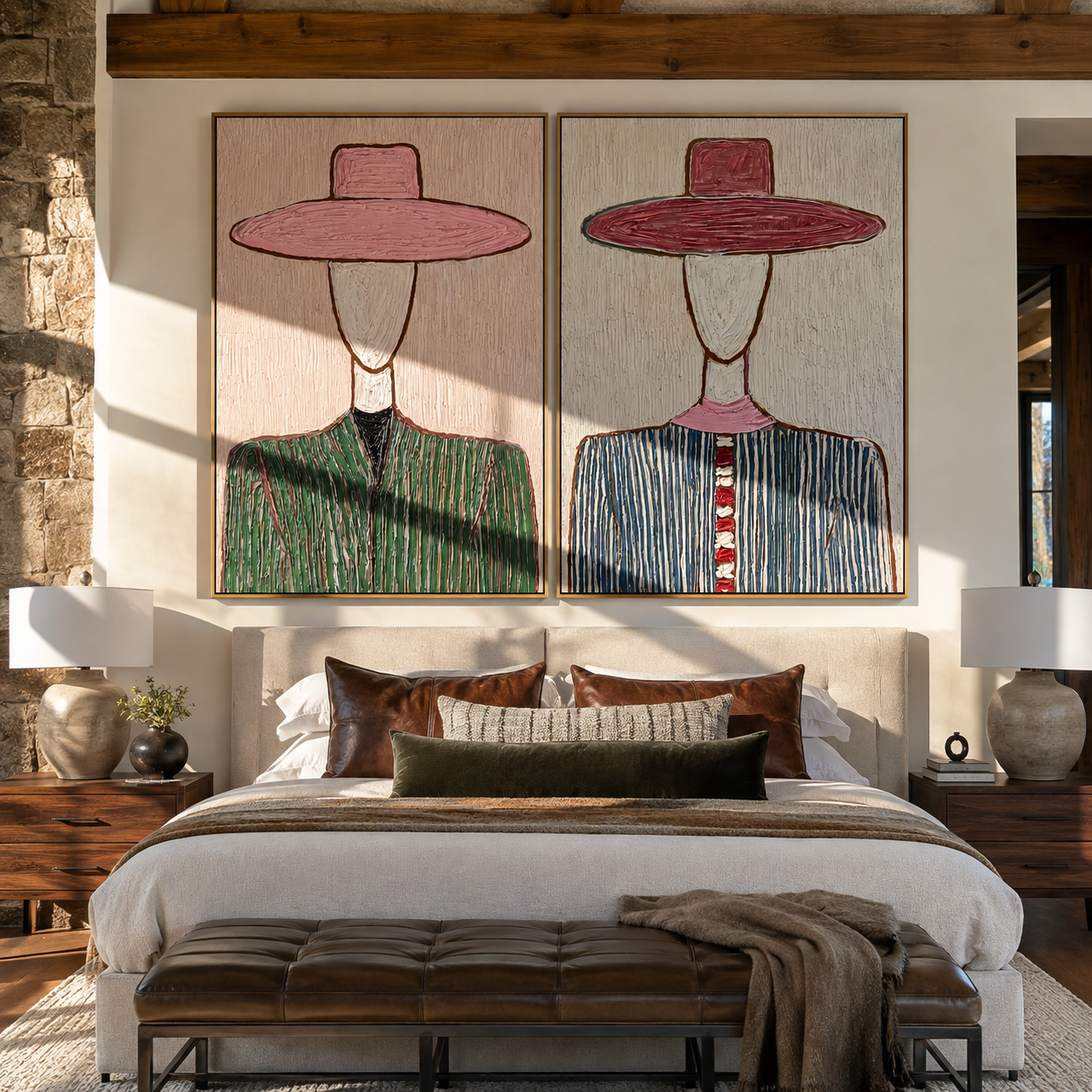 Blush Brims Divide Shadow - blush hat Western portrait by Elliot Vale, modern figurative set of 2 wall art - styled room scene view 4