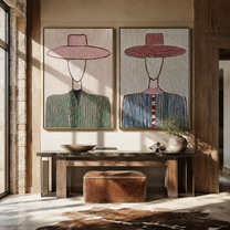 Blush Brims Divide Shadow - blush hat Western portrait by Elliot Vale, modern figurative set of 2 wall art - styled room scene view 5