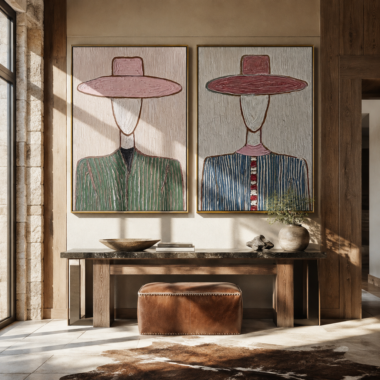 Blush Brims Divide Shadow - blush hat Western portrait by Elliot Vale, modern figurative set of 2 wall art - styled room scene view 5