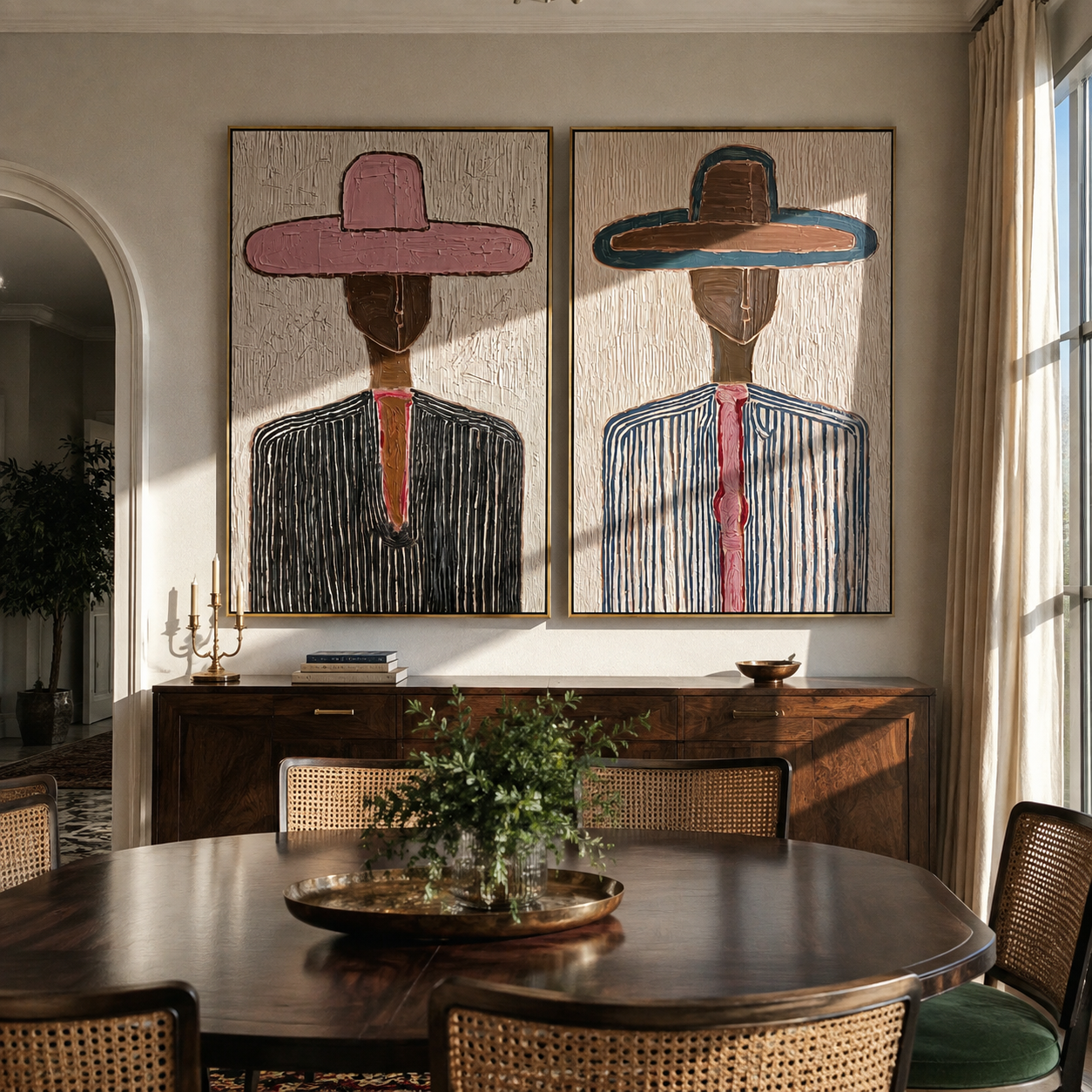Two Hats Hold Lines - linear cowboy portrait by Elliot Vale, modern figurative set of 2 wall art - styled room scene view 1