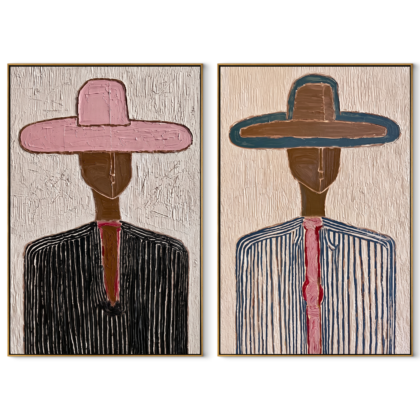 Two Hats Hold Lines - linear cowboy portrait by Elliot Vale, modern figurative set of 2 wall art - complete two-panel artwork set on white background