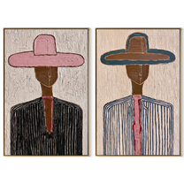 Two Hats Hold Lines - linear cowboy portrait by Elliot Vale, modern figurative set of 2 wall art - complete two-panel artwork set on white background