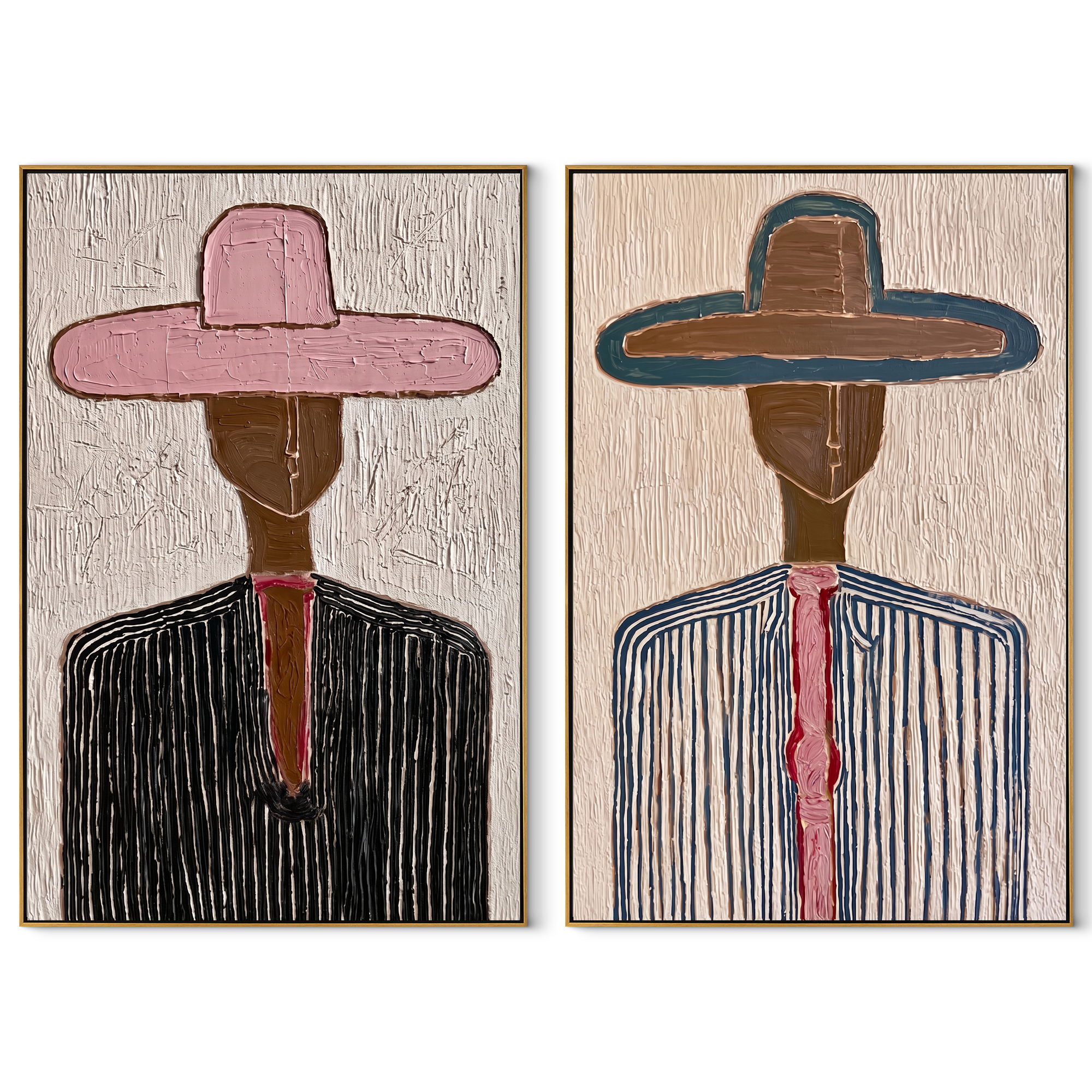 Two Hats Hold Lines - linear cowboy portrait by Elliot Vale, modern figurative set of 2 wall art - complete two-panel artwork set on white background