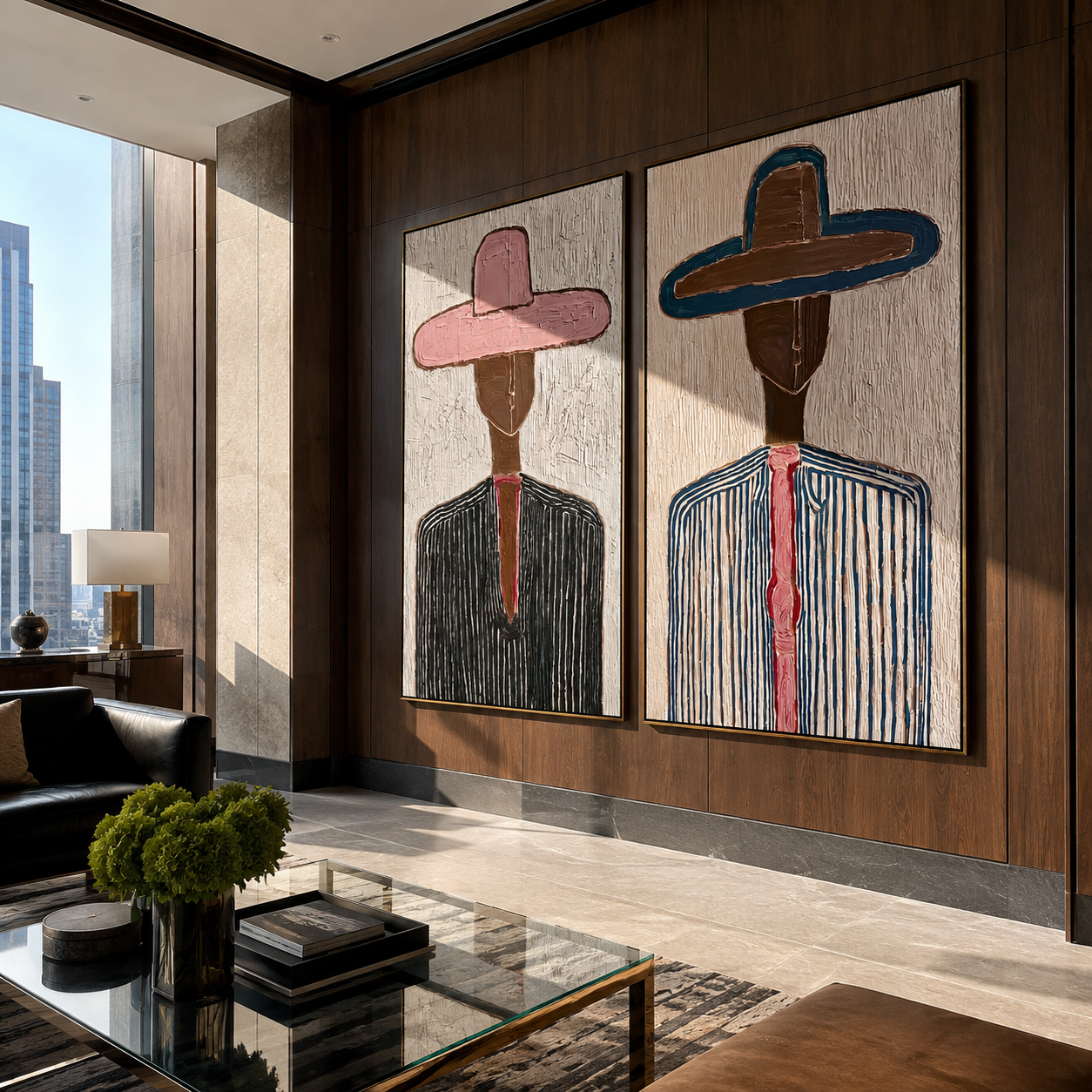 Two Hats Hold Lines - linear cowboy portrait by Elliot Vale, modern figurative set of 2 wall art - styled room scene view 2