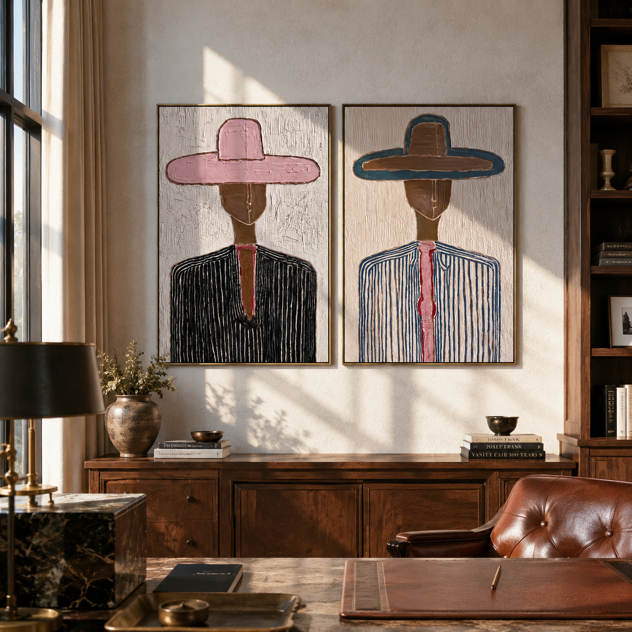 Two Hats Hold Lines - linear cowboy portrait by Elliot Vale, modern figurative set of 2 wall art - styled room scene view 3