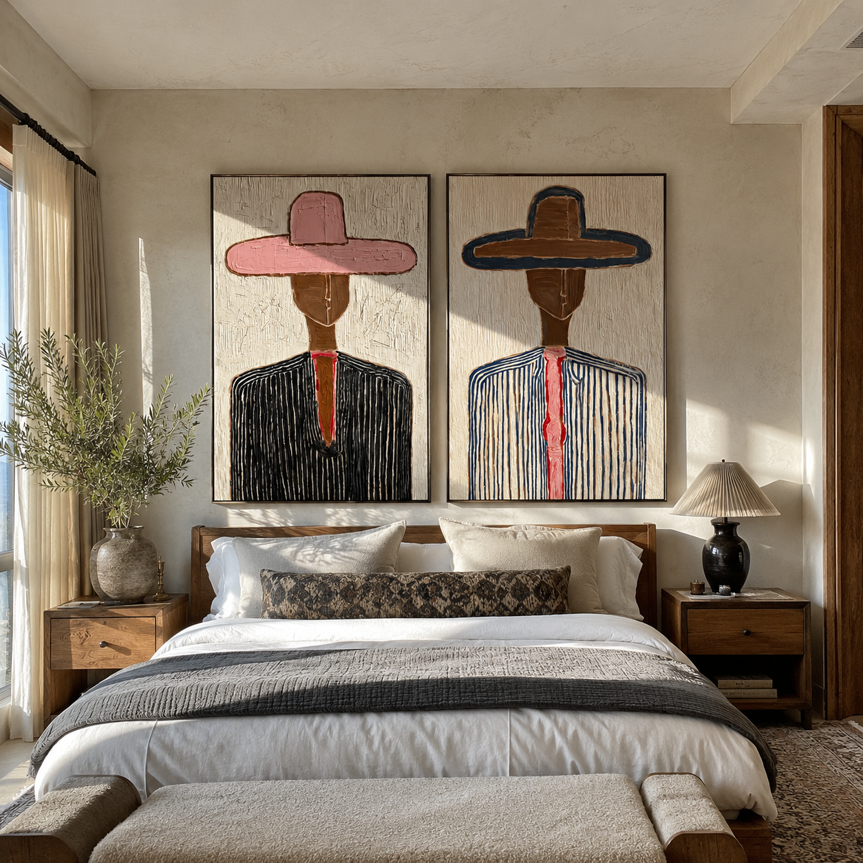 Two Hats Hold Lines - linear cowboy portrait by Elliot Vale, modern figurative set of 2 wall art - styled room scene view 4