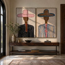 Two Hats Hold Lines - linear cowboy portrait by Elliot Vale, modern figurative set of 2 wall art - styled room scene view 5