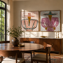 Green Jackets Meet Rose - belted cowgirl portrait by Elliot Vale, modern figurative set of 2 wall art - styled room scene view 1