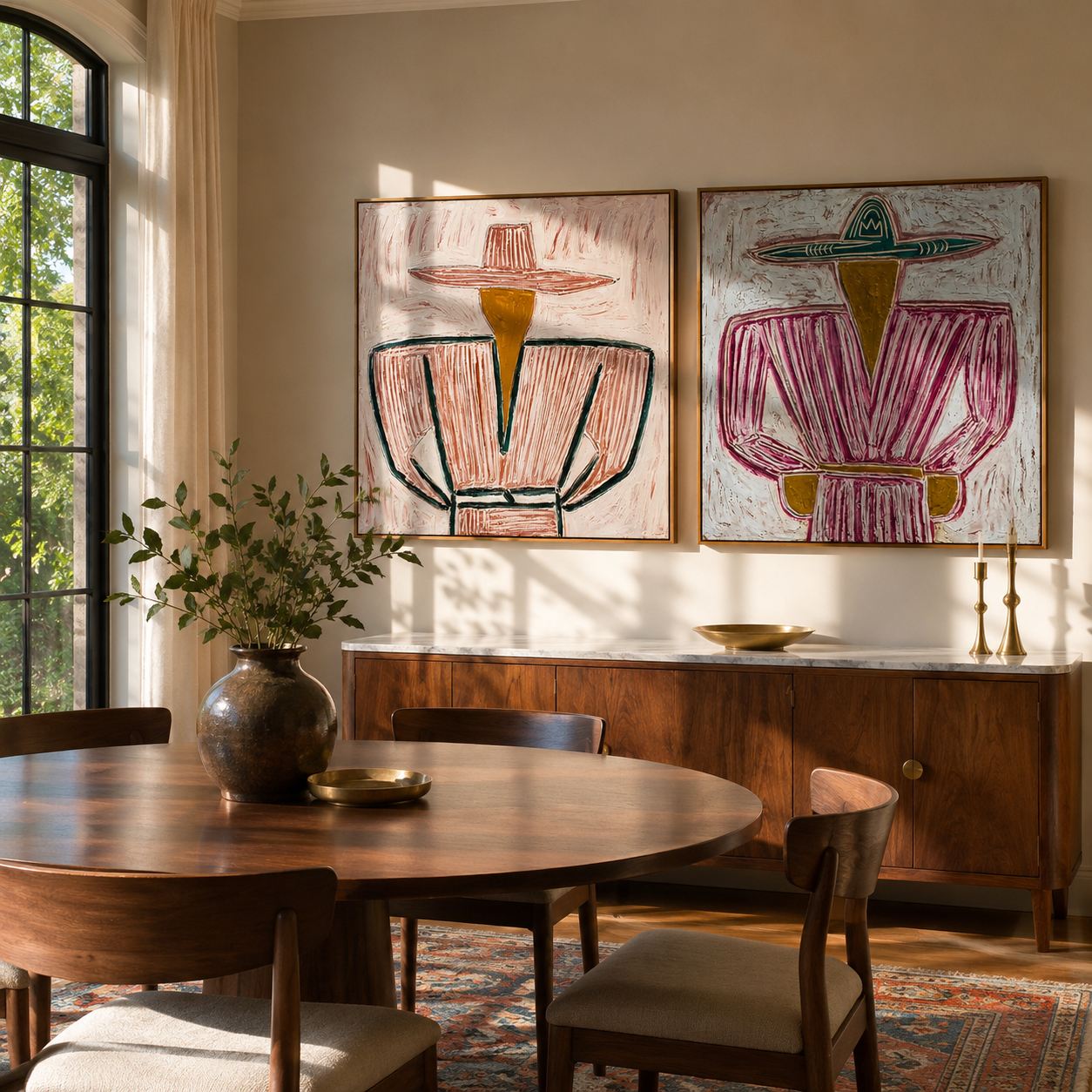 Green Jackets Meet Rose - belted cowgirl portrait by Elliot Vale, modern figurative set of 2 wall art - styled room scene view 1