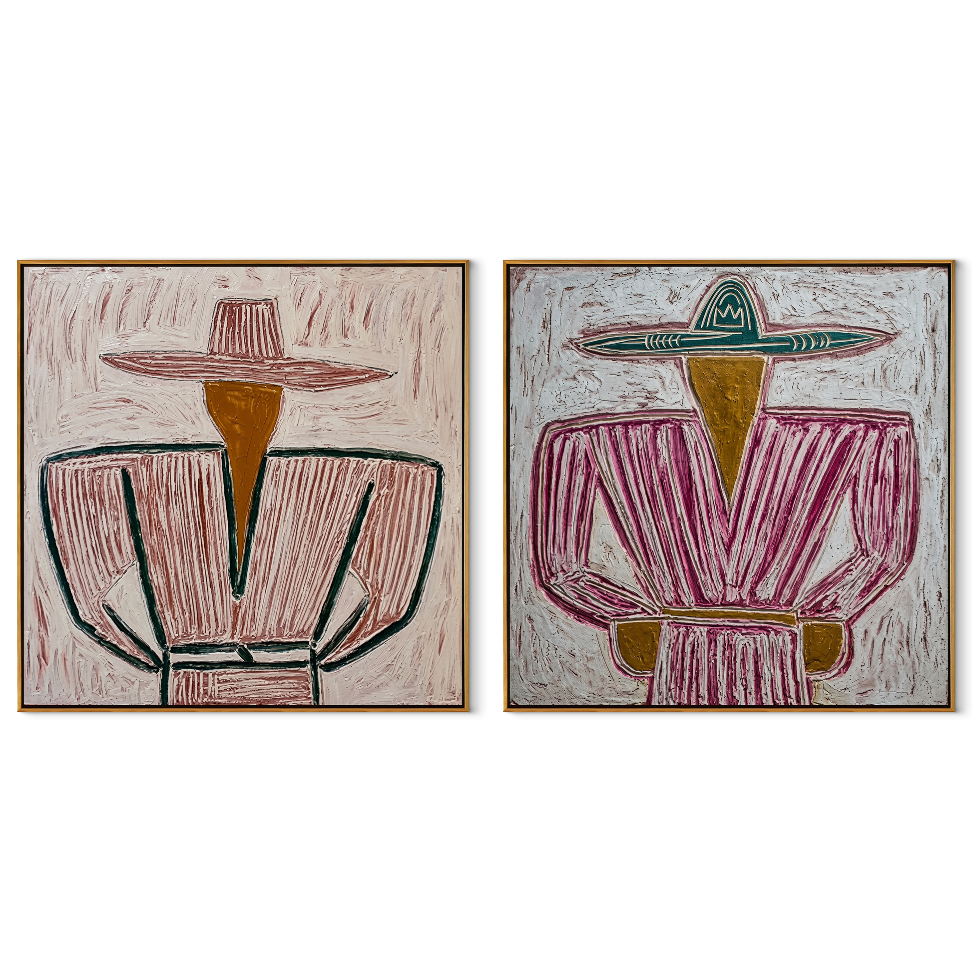 Green Jackets Meet Rose - belted cowgirl portrait by Elliot Vale, modern figurative set of 2 wall art - complete two-panel artwork set on white background