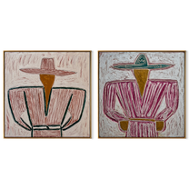 Green Jackets Meet Rose - belted cowgirl portrait by Elliot Vale, modern figurative set of 2 wall art - complete two-panel artwork set on white background