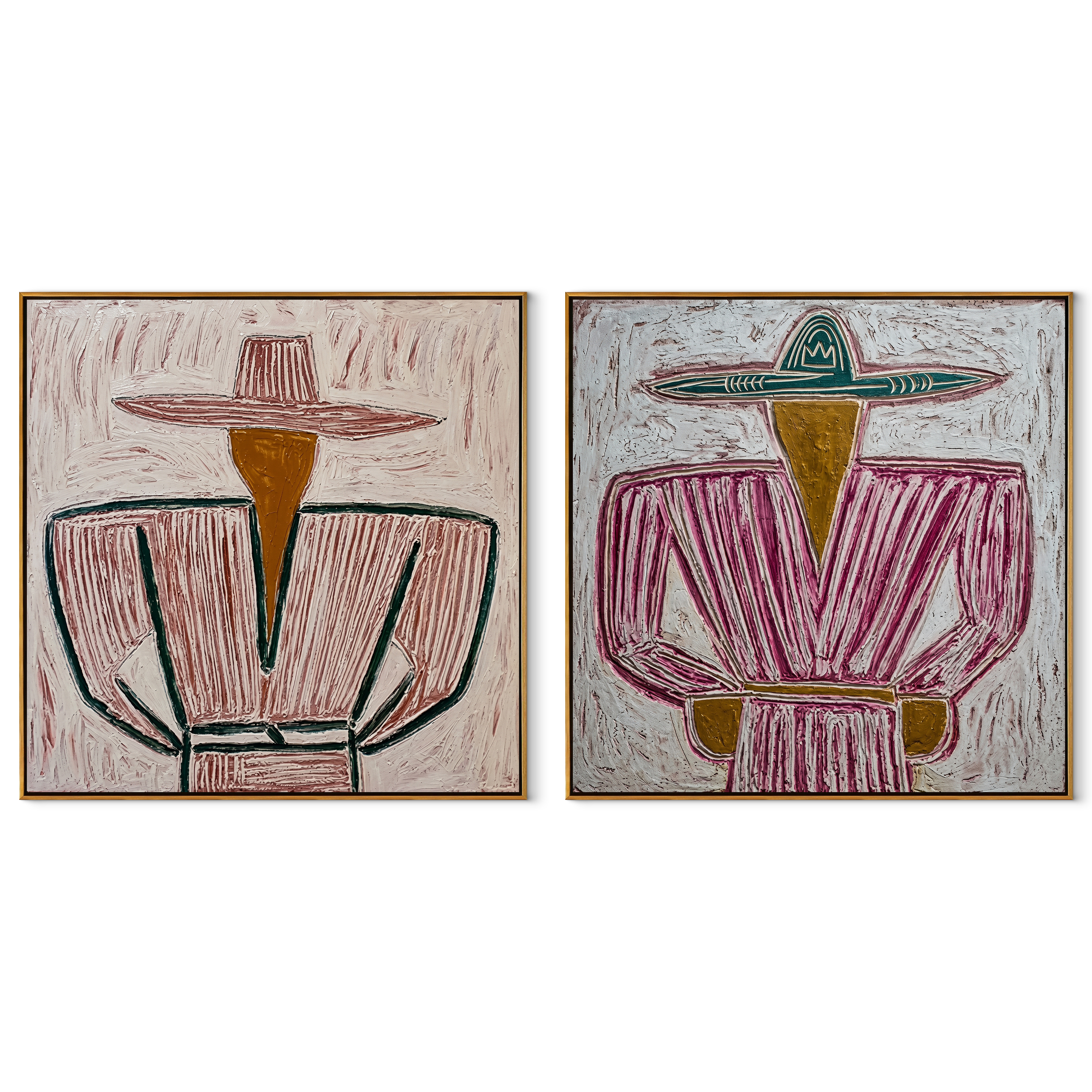 Green Jackets Meet Rose - belted cowgirl portrait by Elliot Vale, modern figurative set of 2 wall art - complete two-panel artwork set on white background