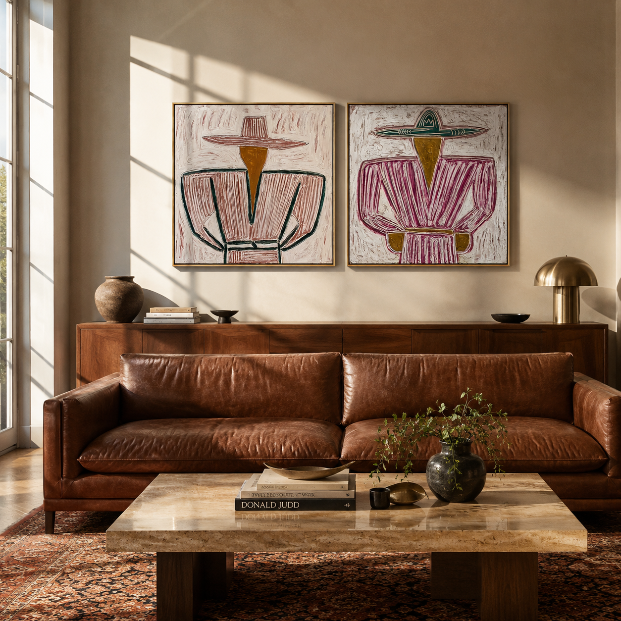 Green Jackets Meet Rose - belted cowgirl portrait by Elliot Vale, modern figurative set of 2 wall art - styled room scene view 4