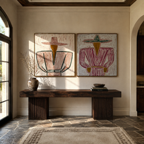 Green Jackets Meet Rose - belted cowgirl portrait by Elliot Vale, modern figurative set of 2 wall art - styled room scene view 5