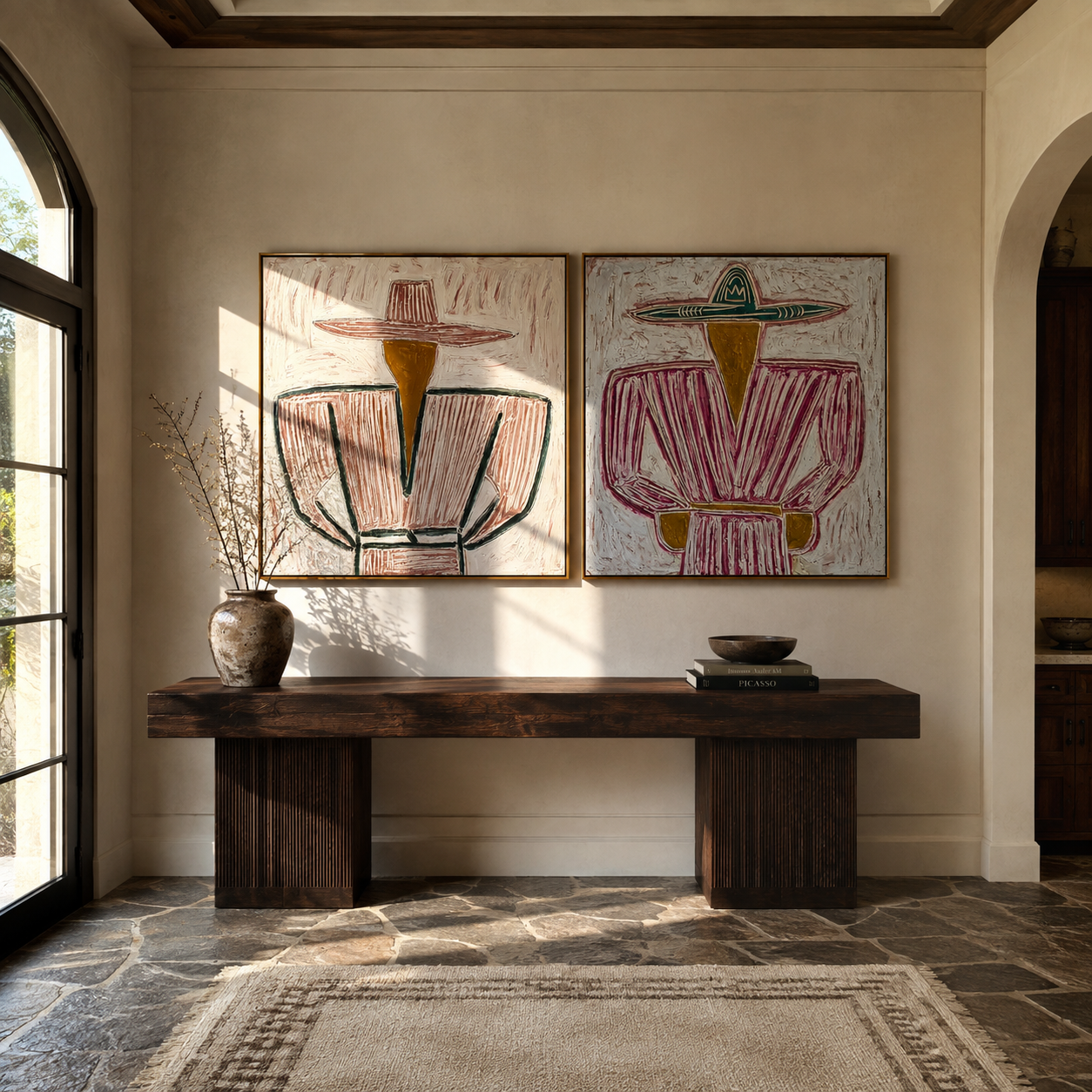 Green Jackets Meet Rose - belted cowgirl portrait by Elliot Vale, modern figurative set of 2 wall art - styled room scene view 5