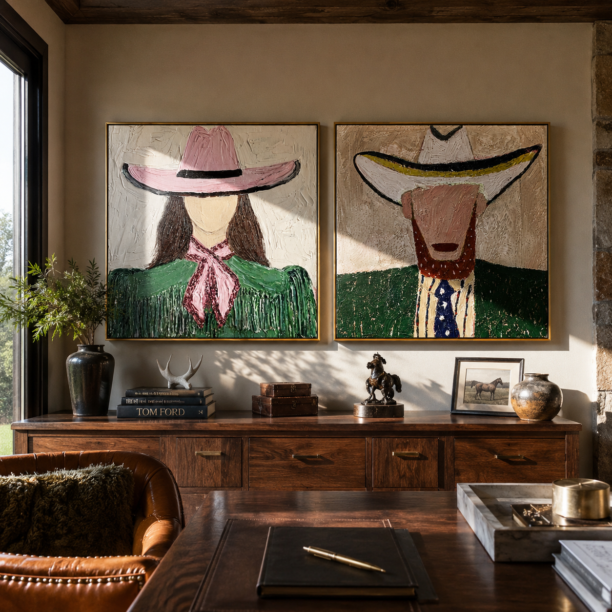 Western Faces Share Green - cowgirl cowboy portrait by Elliot Vale, modern figurative set of 2 wall art - styled room scene view 1