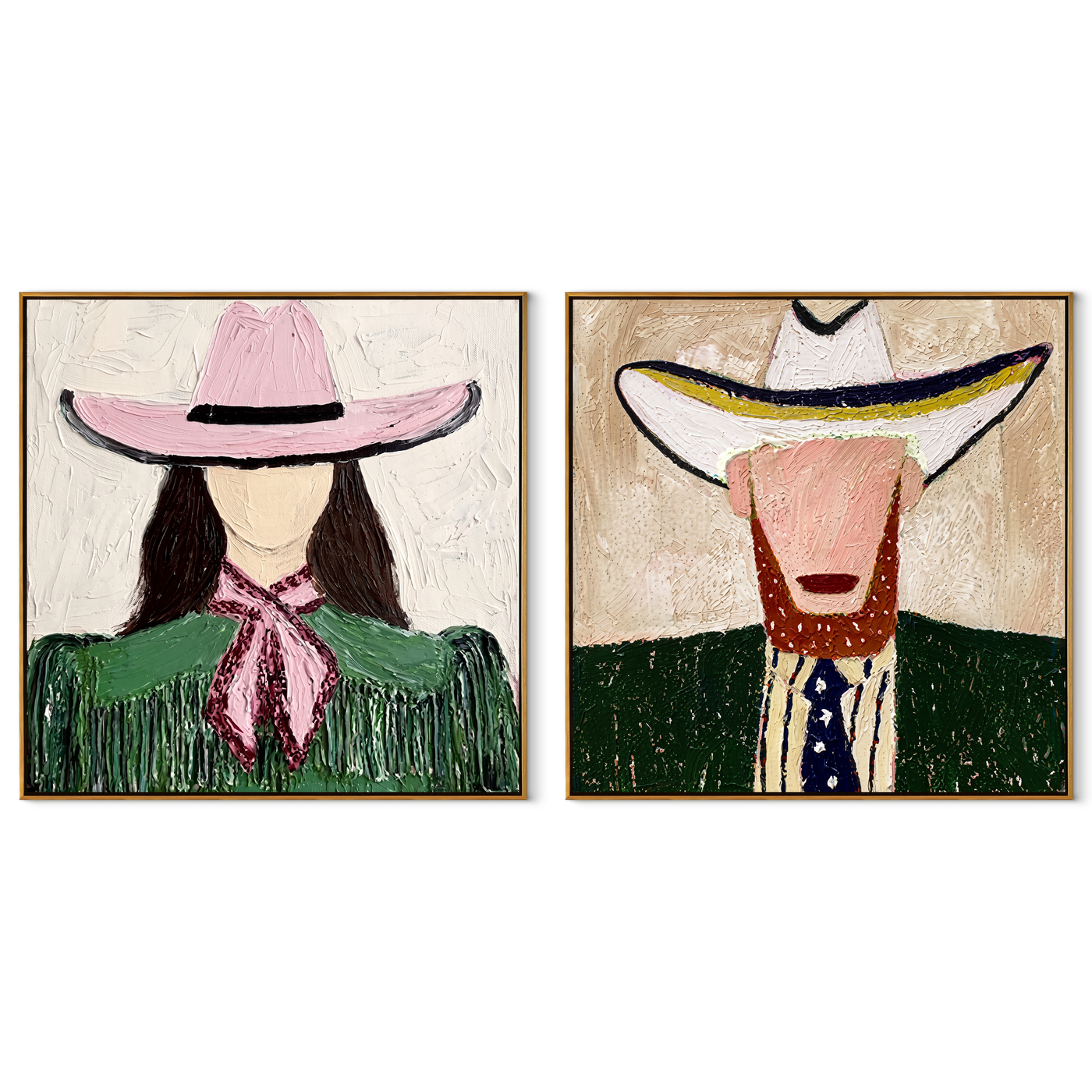 Western Faces Share Green - cowgirl cowboy portrait by Elliot Vale, modern figurative set of 2 wall art - complete two-panel artwork set on white background