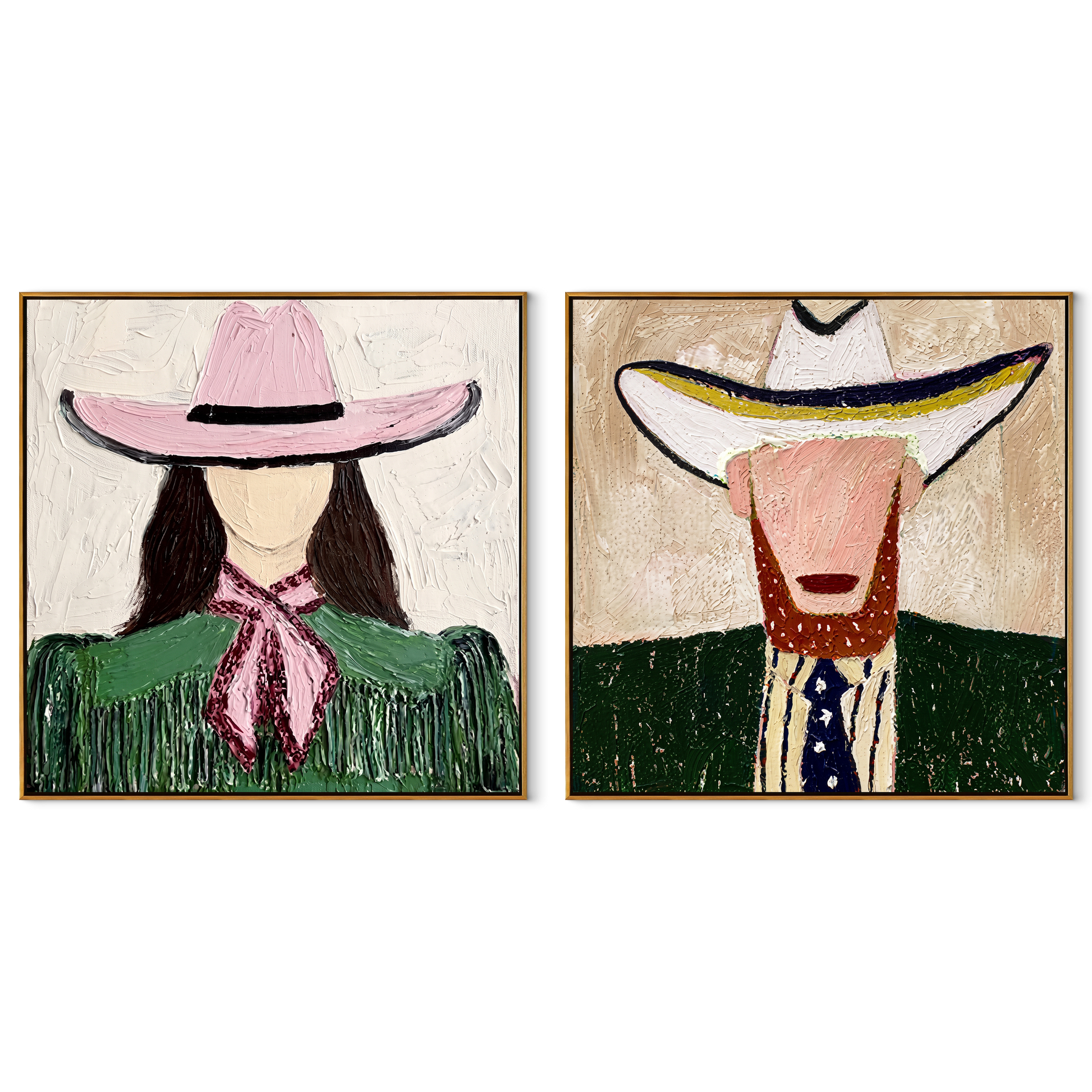 Western Faces Share Green - cowgirl cowboy portrait by Elliot Vale, modern figurative set of 2 wall art - complete two-panel artwork set on white background