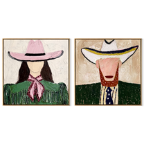 Western Faces Share Green - cowgirl cowboy portrait by Elliot Vale, modern figurative set of 2 wall art - complete two-panel artwork set on white background