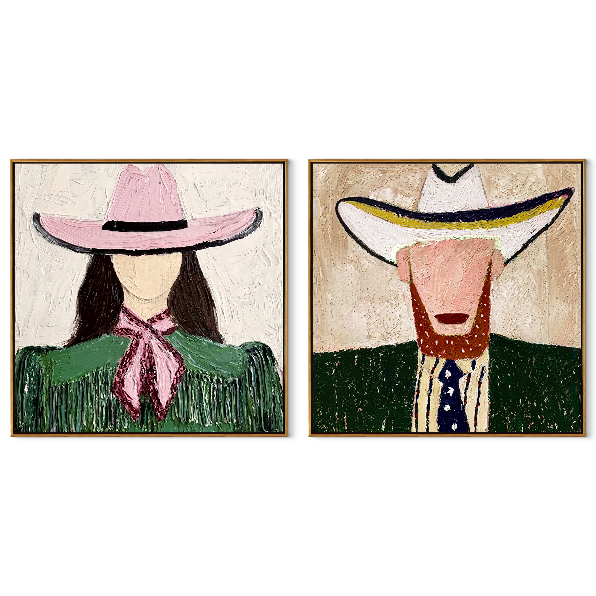 Western Faces Share Green - cowgirl cowboy portrait by Elliot Vale, modern figurative set of 2 wall art - complete two-panel artwork set on white background