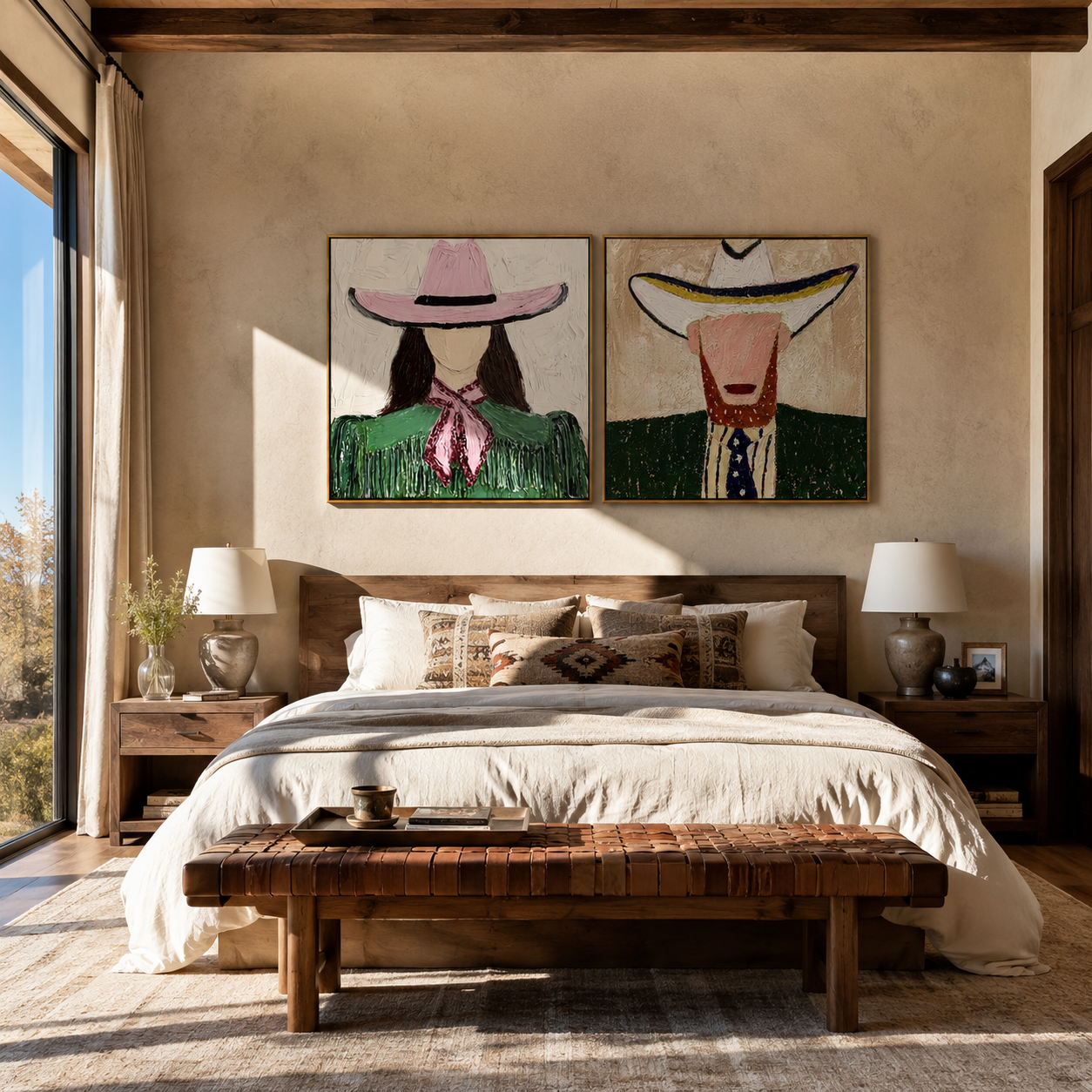 Western Faces Share Green - cowgirl cowboy portrait by Elliot Vale, modern figurative set of 2 wall art - styled room scene view 2