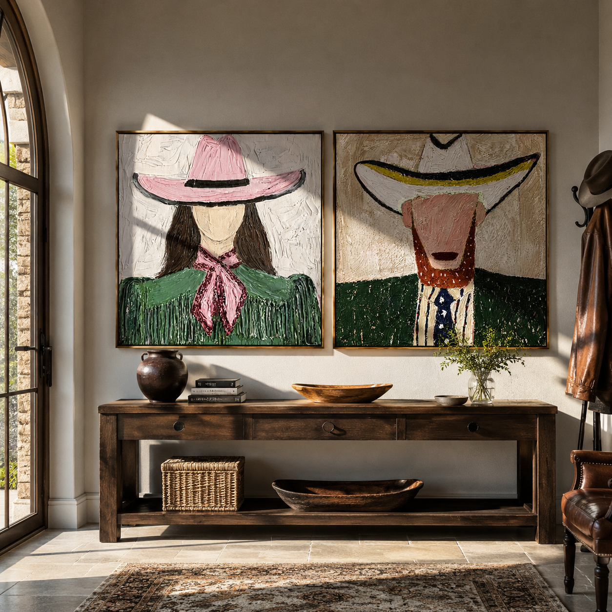 Western Faces Share Green - cowgirl cowboy portrait by Elliot Vale, modern figurative set of 2 wall art - styled room scene view 3