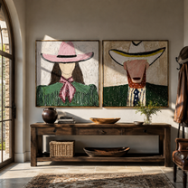 Western Faces Share Green - cowgirl cowboy portrait by Elliot Vale, modern figurative set of 2 wall art - styled room scene view 3