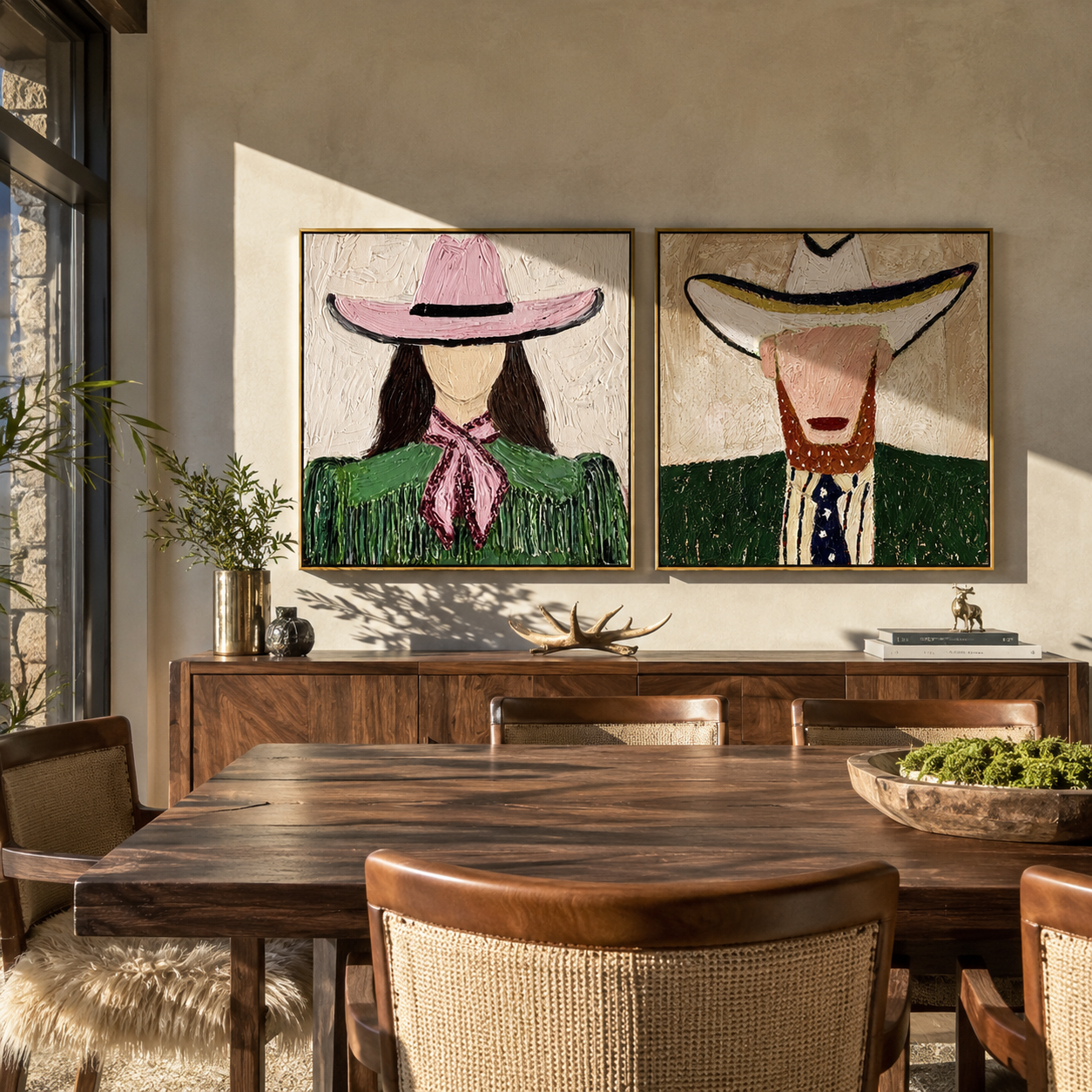 Western Faces Share Green - cowgirl cowboy portrait by Elliot Vale, modern figurative set of 2 wall art - styled room scene view 4