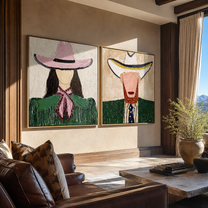 Western Faces Share Green - cowgirl cowboy portrait by Elliot Vale, modern figurative set of 2 wall art - styled room scene view 5