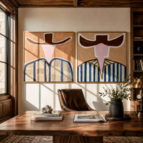 Open Faces Carry Blue - abstract blue stripe figures by Elliot Vale, modern figurative set of 2 wall art - styled room scene view 1