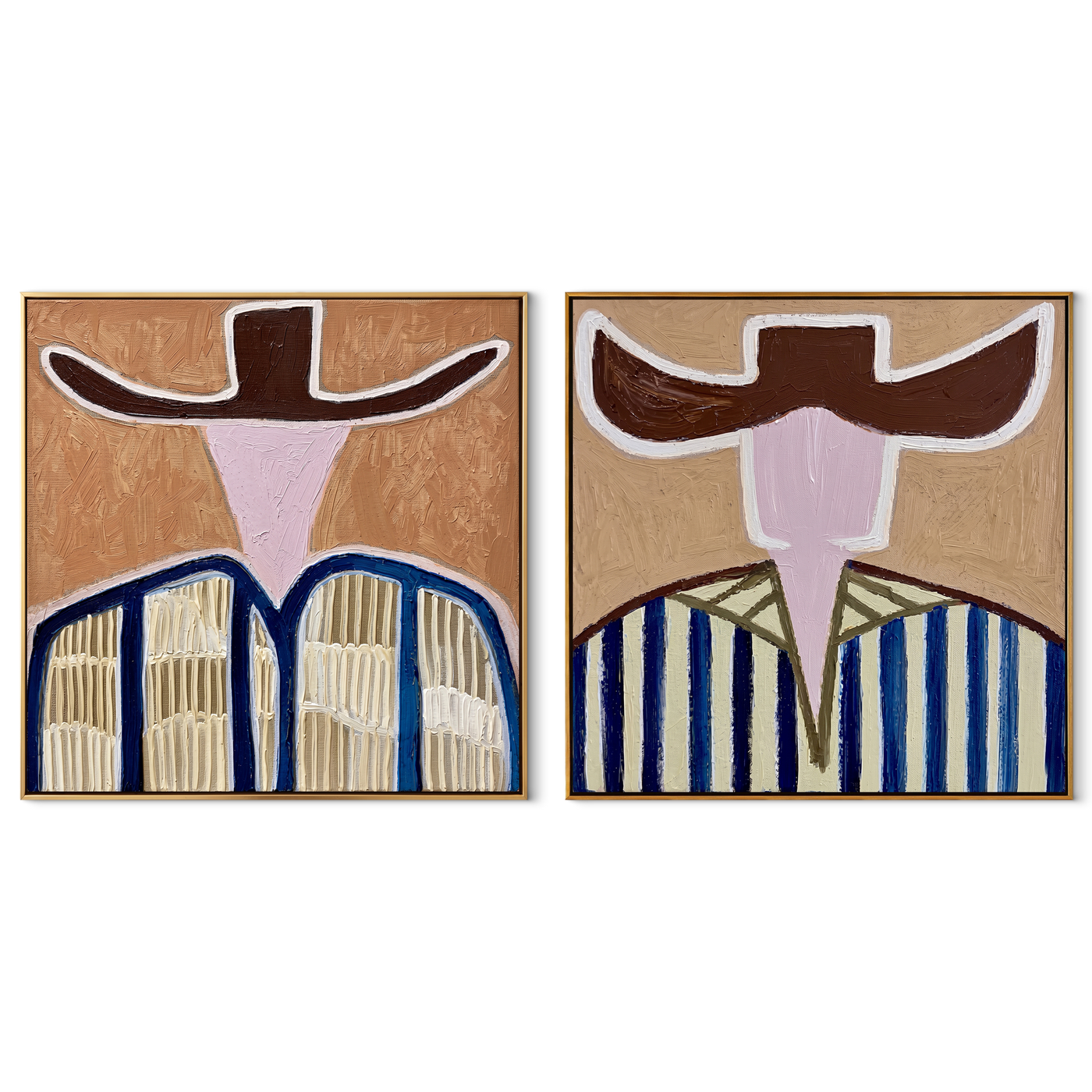 Open Faces Carry Blue - abstract blue stripe figures by Elliot Vale, modern figurative set of 2 wall art - complete two-panel artwork set on white background