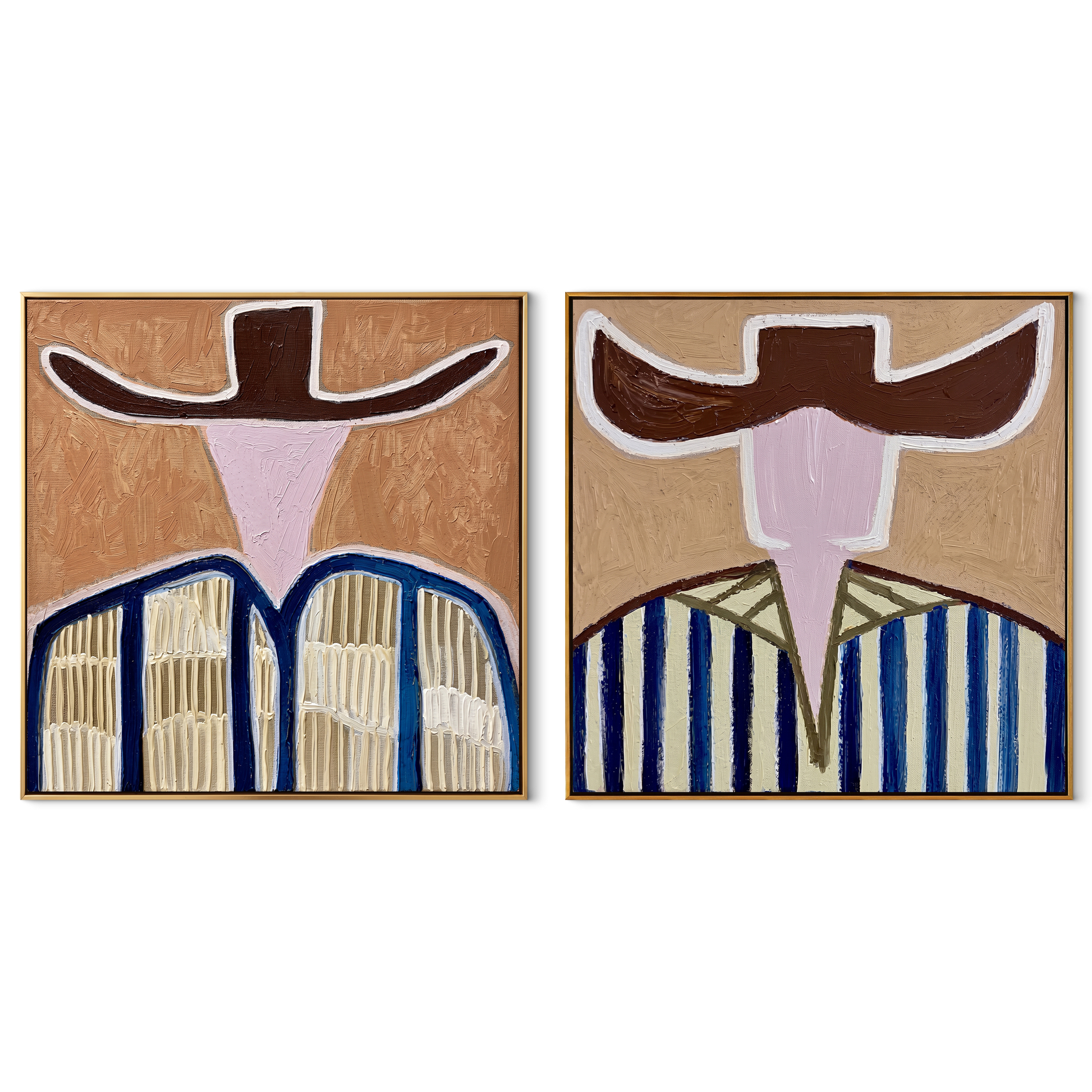 Open Faces Carry Blue - abstract blue stripe figures by Elliot Vale, modern figurative set of 2 wall art - complete two-panel artwork set on white background