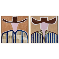 Open Faces Carry Blue - abstract blue stripe figures by Elliot Vale, modern figurative set of 2 wall art - complete two-panel artwork set on white background