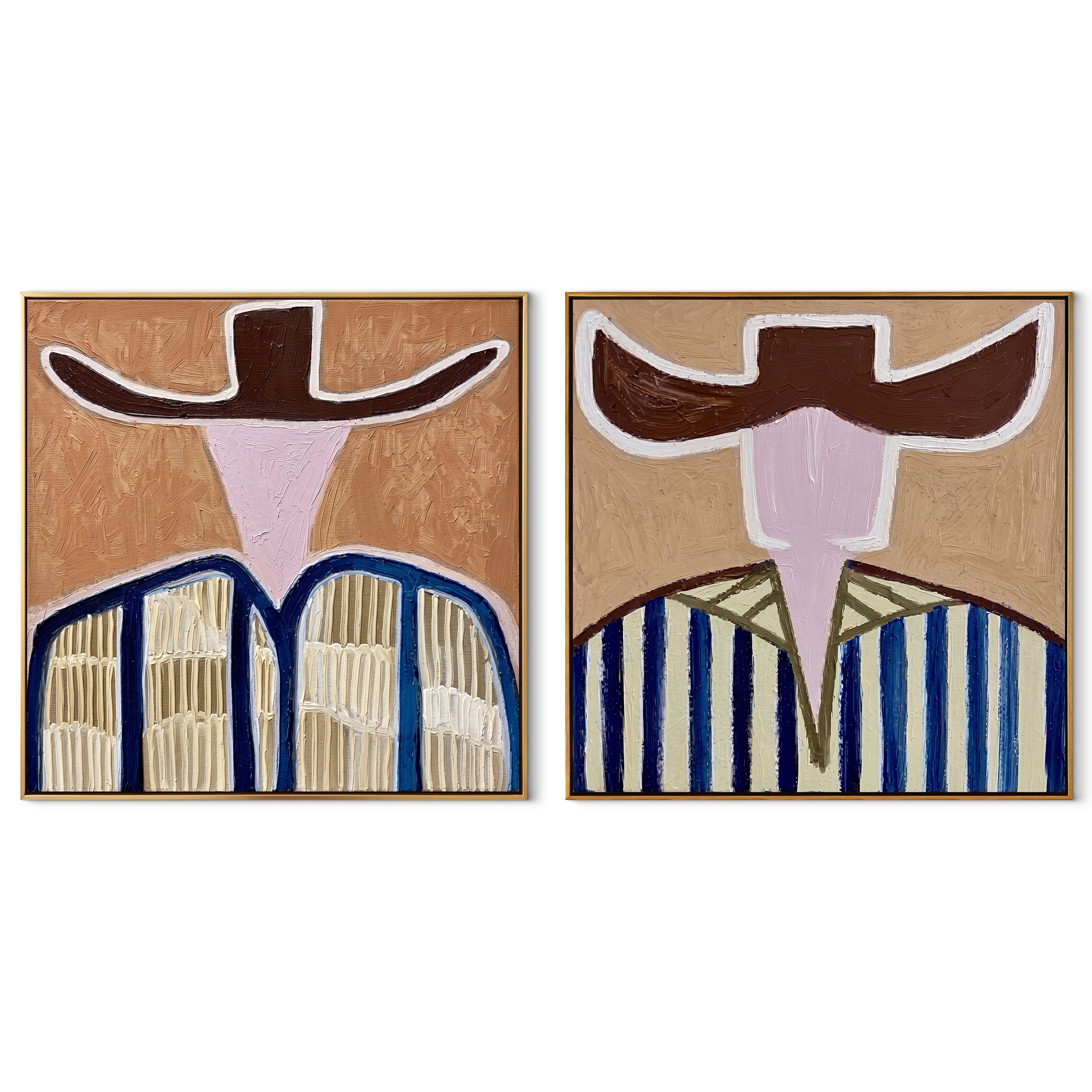 Open Faces Carry Blue - abstract blue stripe figures by Elliot Vale, modern figurative set of 2 wall art - complete two-panel artwork set on white background
