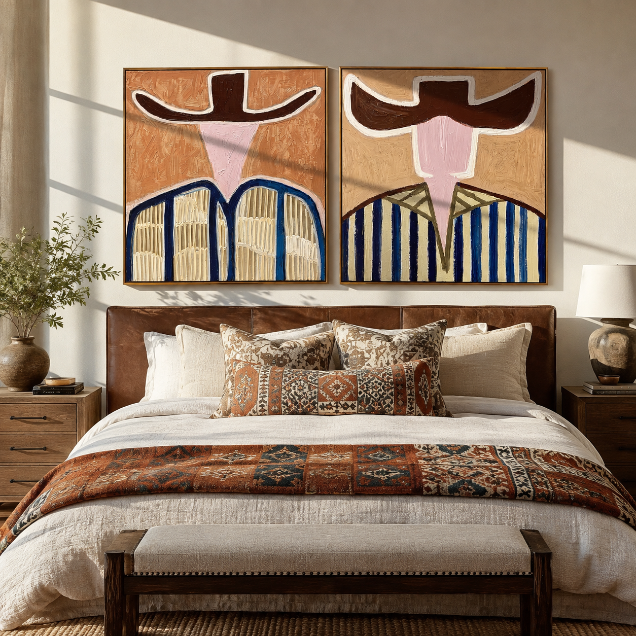 Open Faces Carry Blue - abstract blue stripe figures by Elliot Vale, modern figurative set of 2 wall art - styled room scene view 2