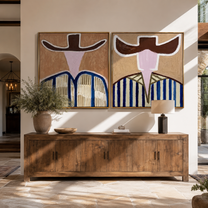 Open Faces Carry Blue - abstract blue stripe figures by Elliot Vale, modern figurative set of 2 wall art - styled room scene view 3