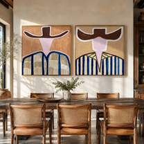 Open Faces Carry Blue - abstract blue stripe figures by Elliot Vale, modern figurative set of 2 wall art - styled room scene view 4