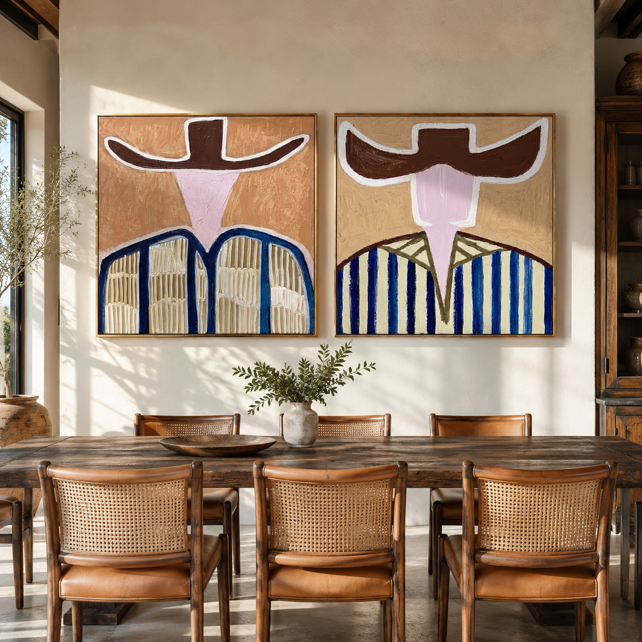 Open Faces Carry Blue - abstract blue stripe figures by Elliot Vale, modern figurative set of 2 wall art - styled room scene view 4