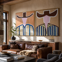 Open Faces Carry Blue - abstract blue stripe figures by Elliot Vale, modern figurative set of 2 wall art - styled room scene view 5