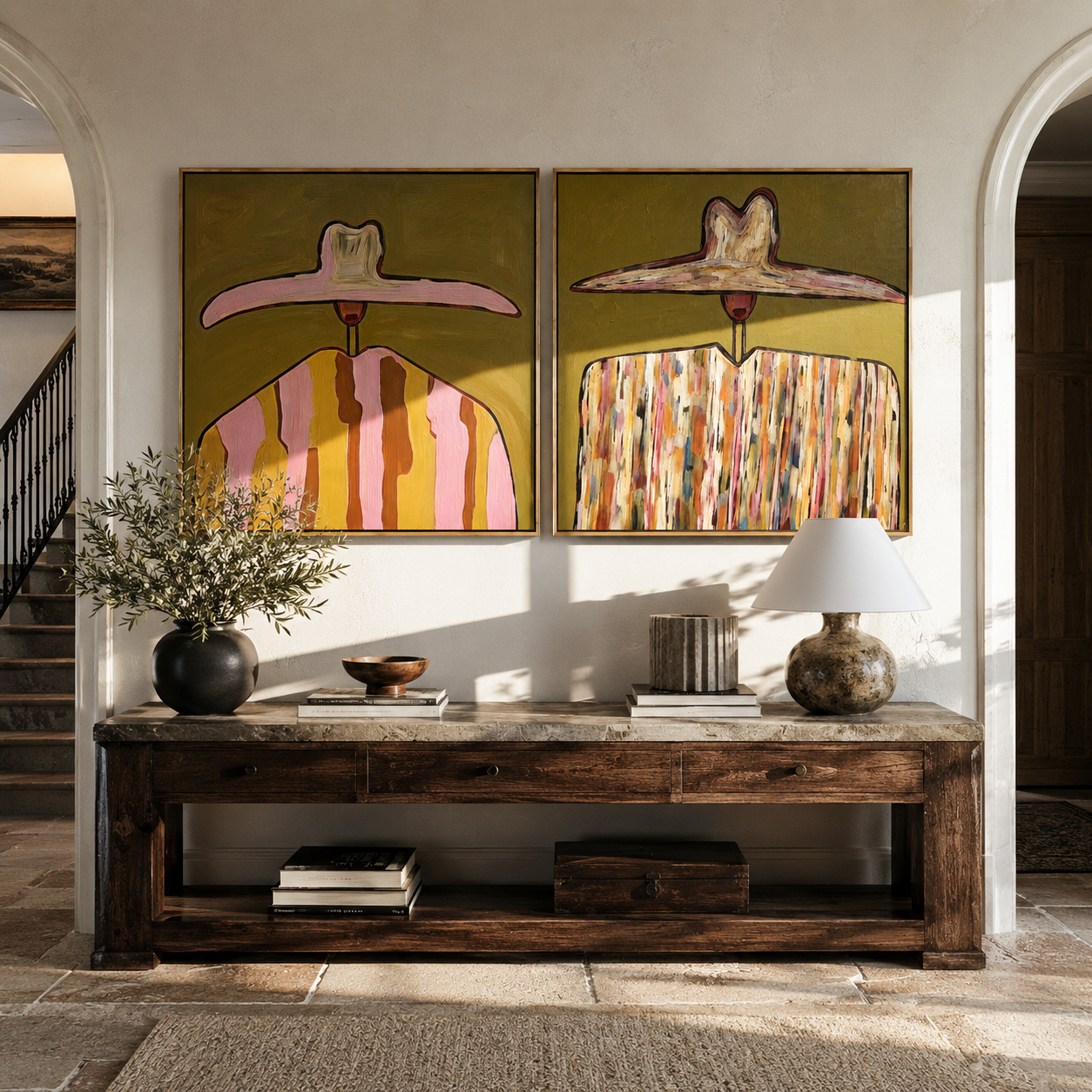 Pink Brims Crown Pattern - patterned hat portrait by Elliot Vale, modern figurative set of 2 wall art - styled room scene view 1