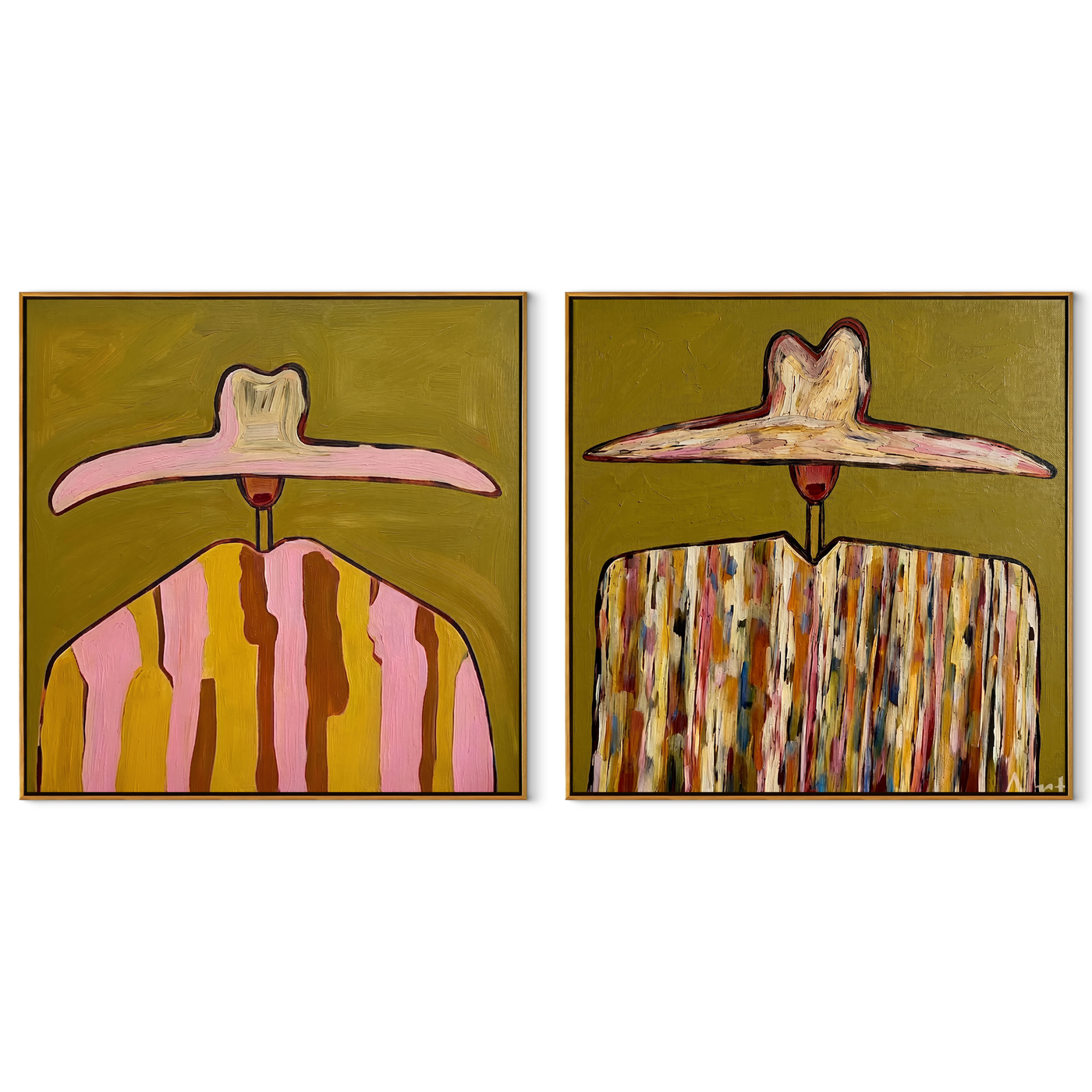 Pink Brims Crown Pattern - patterned hat portrait by Elliot Vale, modern figurative set of 2 wall art - complete two-panel artwork set on white background