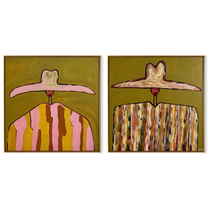 Pink Brims Crown Pattern - patterned hat portrait by Elliot Vale, modern figurative set of 2 wall art - complete two-panel artwork set on white background