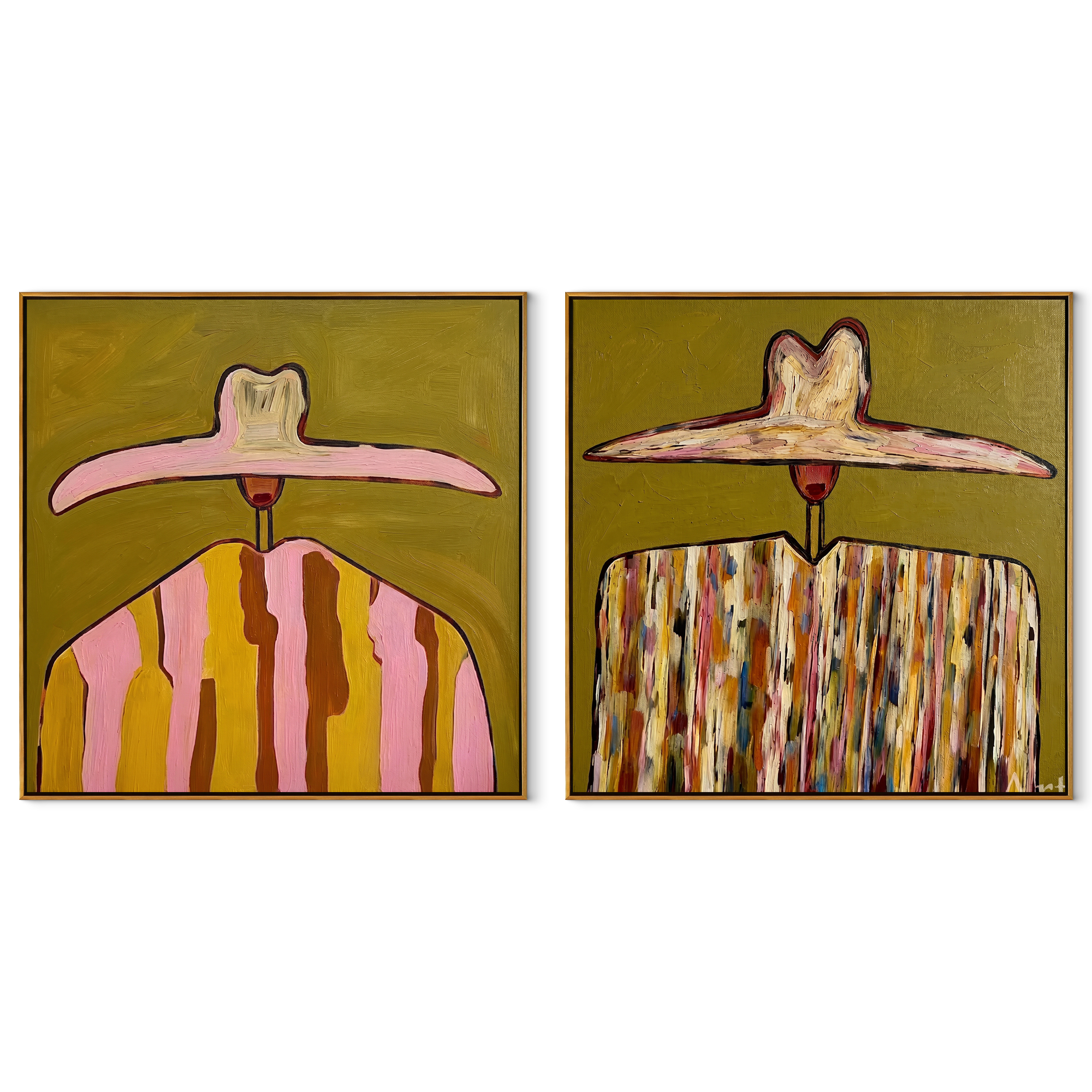 Pink Brims Crown Pattern - patterned hat portrait by Elliot Vale, modern figurative set of 2 wall art - complete two-panel artwork set on white background