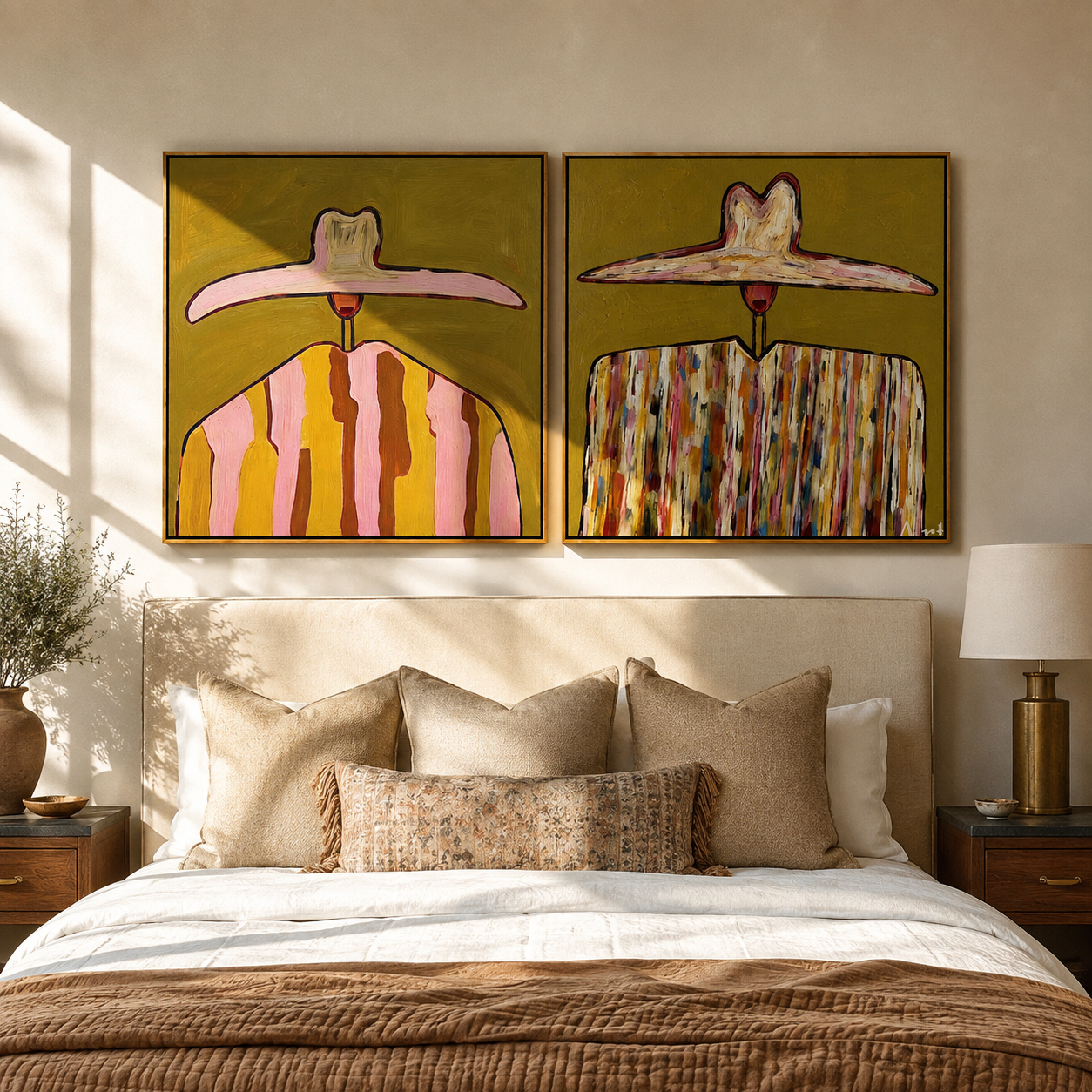 Pink Brims Crown Pattern - patterned hat portrait by Elliot Vale, modern figurative set of 2 wall art - styled room scene view 2