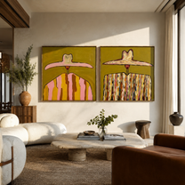 Pink Brims Crown Pattern - patterned hat portrait by Elliot Vale, modern figurative set of 2 wall art - styled room scene view 4