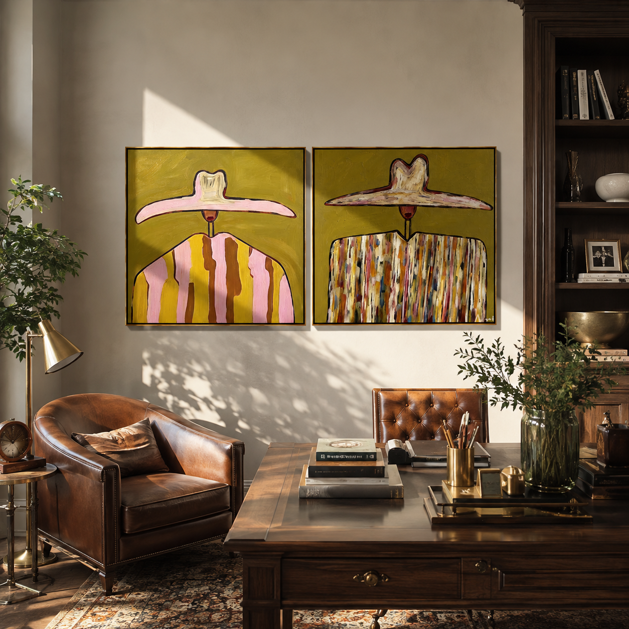 Pink Brims Crown Pattern - patterned hat portrait by Elliot Vale, modern figurative set of 2 wall art - styled room scene view 5