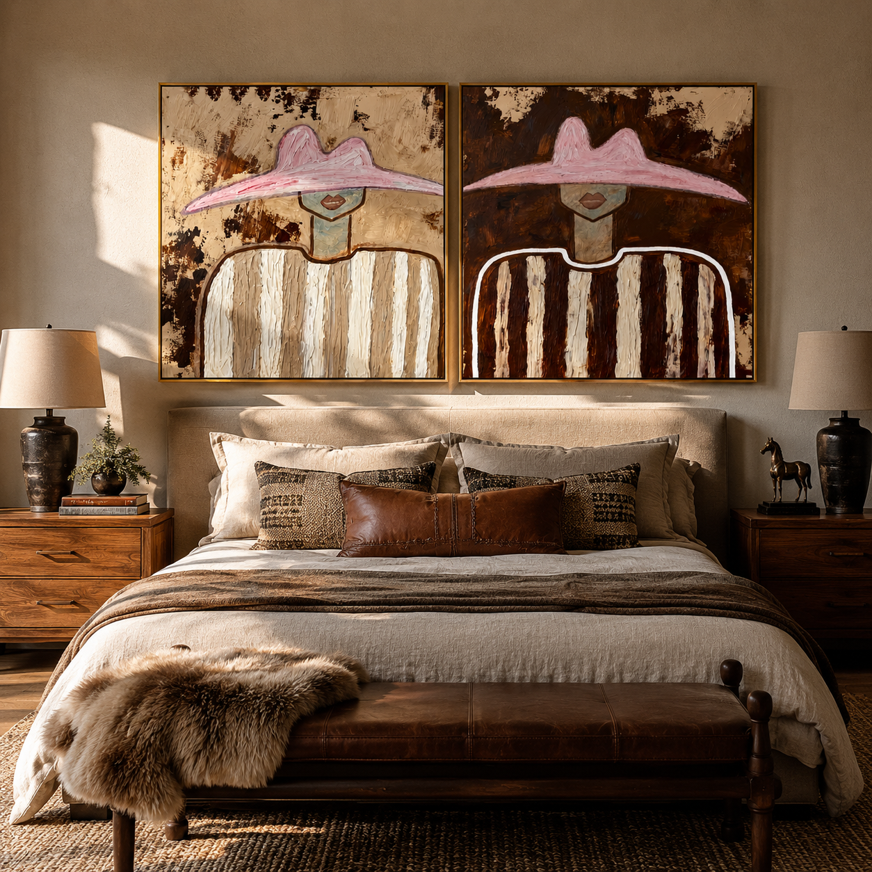 Dusty Hats Frame Stripes - weathered stripe portrait by Elliot Vale, modern figurative set of 2 wall art - styled room scene view 1