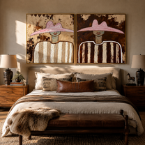 Dusty Hats Frame Stripes - weathered stripe portrait by Elliot Vale, modern figurative set of 2 wall art - styled room scene view 1
